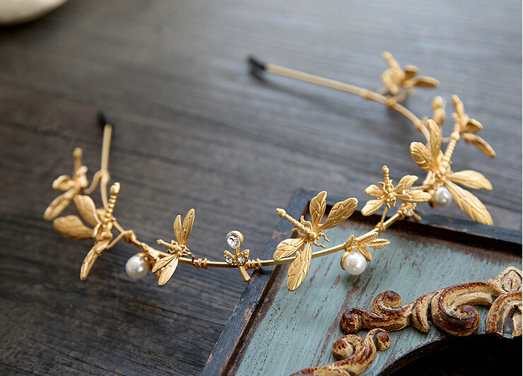 Baroque Bride Headdress Retro Dragonfly Hairbands Pearl Single-row Wedding Accessories - Gold