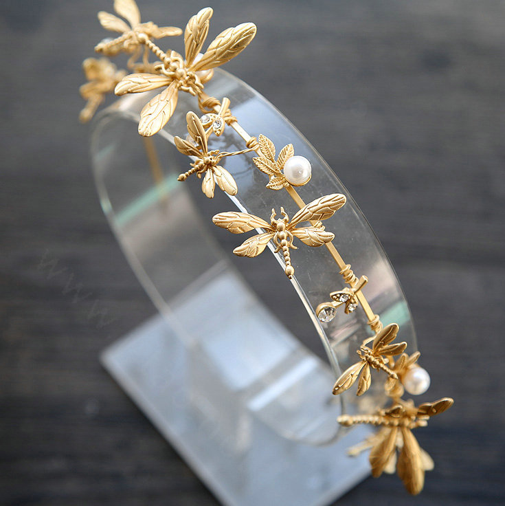 Baroque Bride Headdress Retro Dragonfly Hairbands Pearl Single-row Wedding Accessories - Gold
