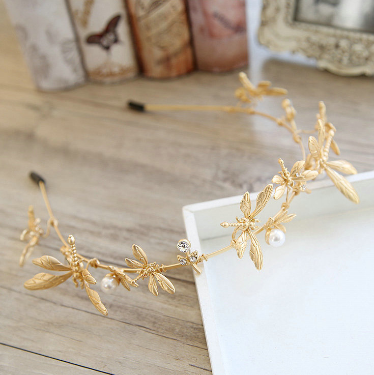 Baroque Bride Headdress Retro Dragonfly Hairbands Pearl Single-row Wedding Accessories - Gold