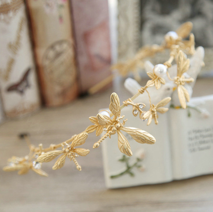 Baroque Bride Headdress Retro Dragonfly Hairbands Pearl Single-row Wedding Accessories - Gold