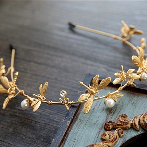 Baroque Bride Headdress Retro Dragonfly Hairbands Pearl Single-row Wedding Accessories - Gold