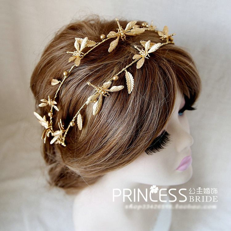 Baroque Bride Headdress Retro Dragonfly Hairbands With Double-row Wedding Accessories - Gold