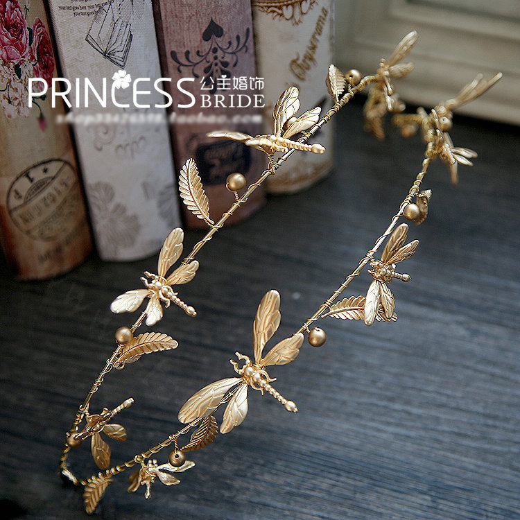 Baroque Bride Headdress Retro Dragonfly Hairbands With Double-row Wedding Accessories - Gold