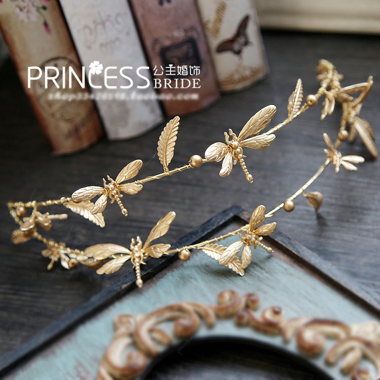 Baroque Bride Headdress Retro Dragonfly Hairbands With Double-row Wedding Accessories - Gold