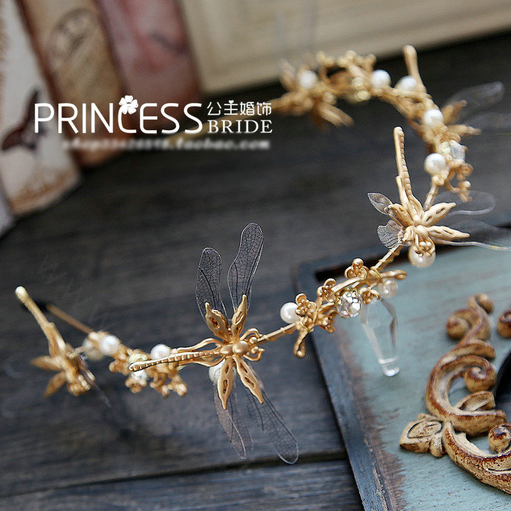 Baroque Bride Headdress Retro Dragonfly Hairbands With Single-row Wedding Accessories - Gold