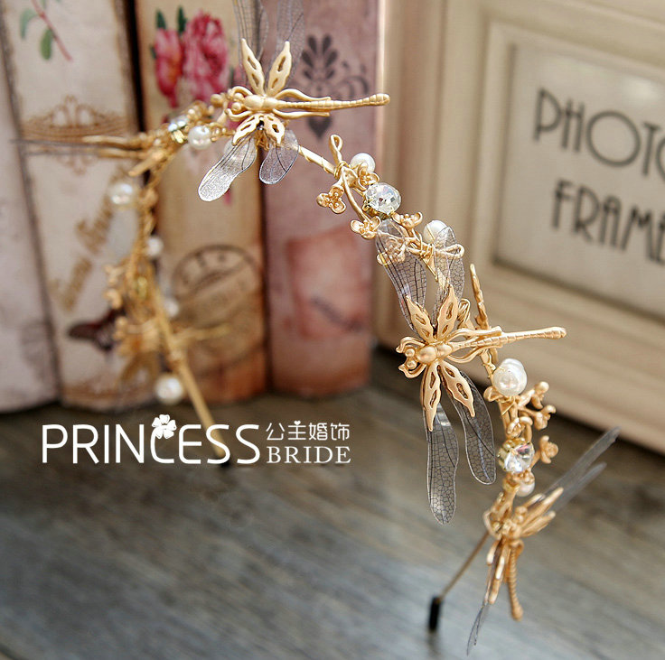 Baroque Bride Headdress Retro Dragonfly Hairbands With Single-row Wedding Accessories - Gold