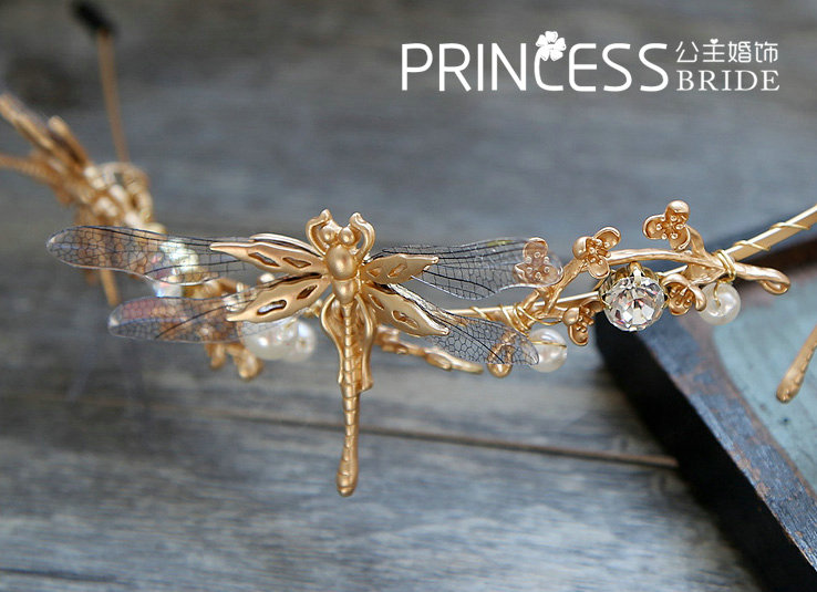 Baroque Bride Headdress Retro Dragonfly Hairbands With Single-row Wedding Accessories - Gold