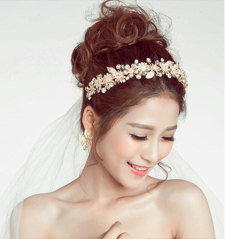Beaded Leaf Rhinestone Flower Bridal Headbands Earrings Women Princess Style Jewelry Sets - Gold