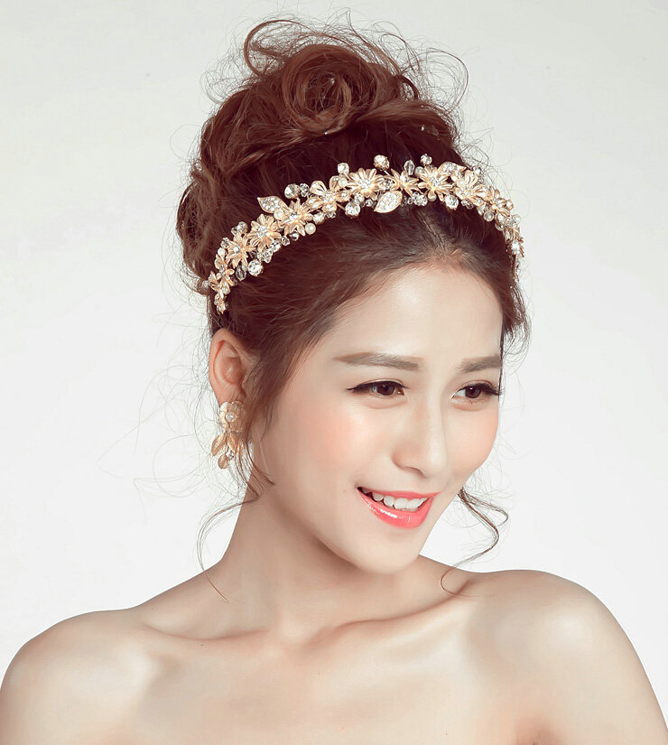 Beaded Leaf Rhinestone Flower Bridal Headbands Earrings Women Princess Style Jewelry Sets - Gold