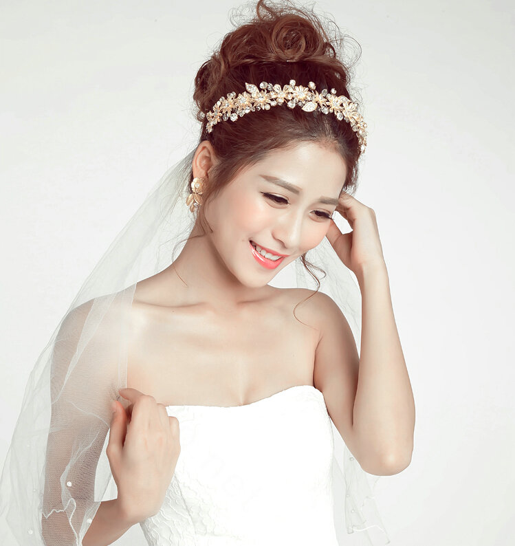 Beaded Leaf Rhinestone Flower Bridal Headbands Earrings Women Princess Style Jewelry Sets - Gold