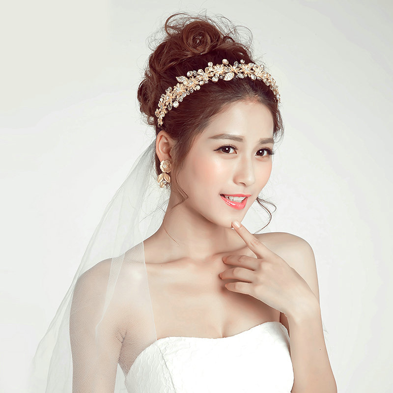 Beaded Leaf Rhinestone Flower Bridal Headbands Earrings Women Princess Style Jewelry Sets - Gold