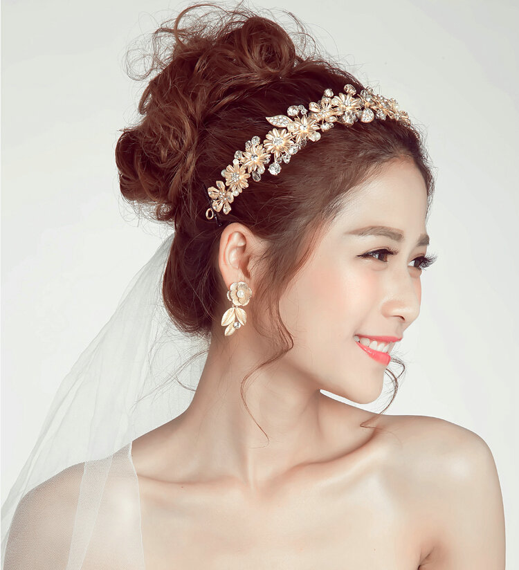 Beaded Leaf Rhinestone Flower Bridal Headbands Earrings Women Princess Style Jewelry Sets - Gold