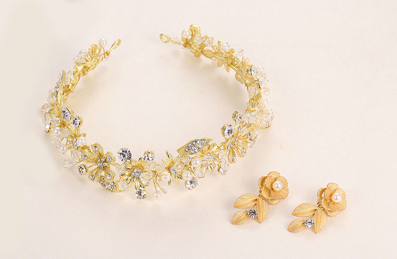 Beaded Leaf Rhinestone Flower Bridal Headbands Earrings Women Princess Style Jewelry Sets - Gold