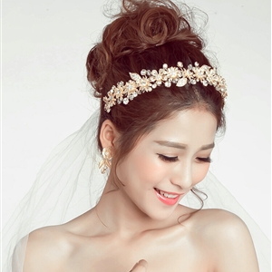 Beaded Leaf Rhinestone Flower Bridal Headbands Earrings Women Princess Style Jewelry Sets - Gold