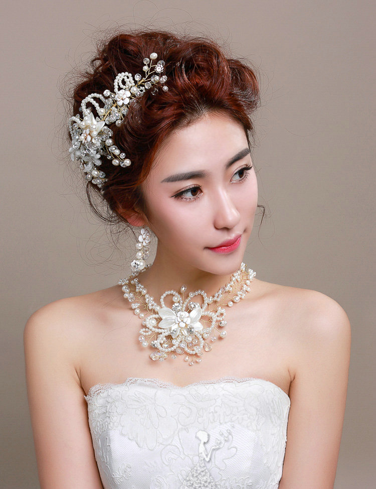 Beads Flower Pearl Crystals Bridal Tiaras Necklace Earring Queen Wedding Jewelry Sets 3pcs - White