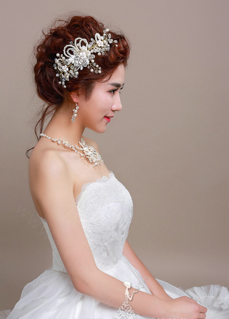 Beads Flower Pearl Crystals Bridal Tiaras Necklace Earring Queen Wedding Jewelry Sets 3pcs - White