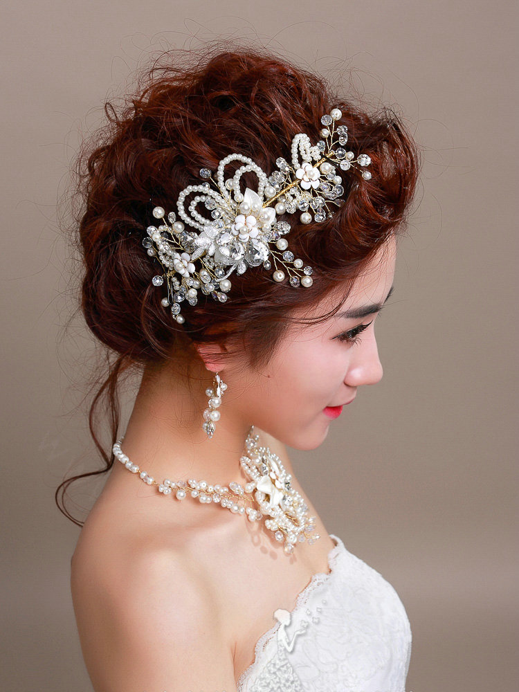 Beads Flower Pearl Crystals Bridal Tiaras Necklace Earring Queen Wedding Jewelry Sets 3pcs - White