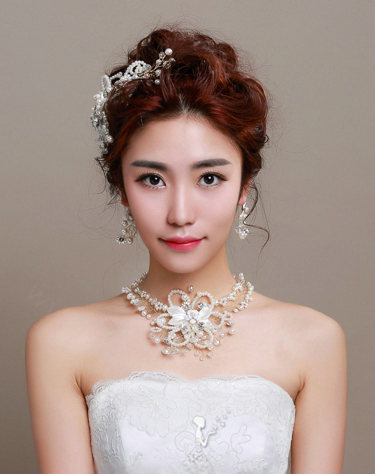 Beads Flower Pearl Crystals Bridal Tiaras Necklace Earring Queen Wedding Jewelry Sets 3pcs - White