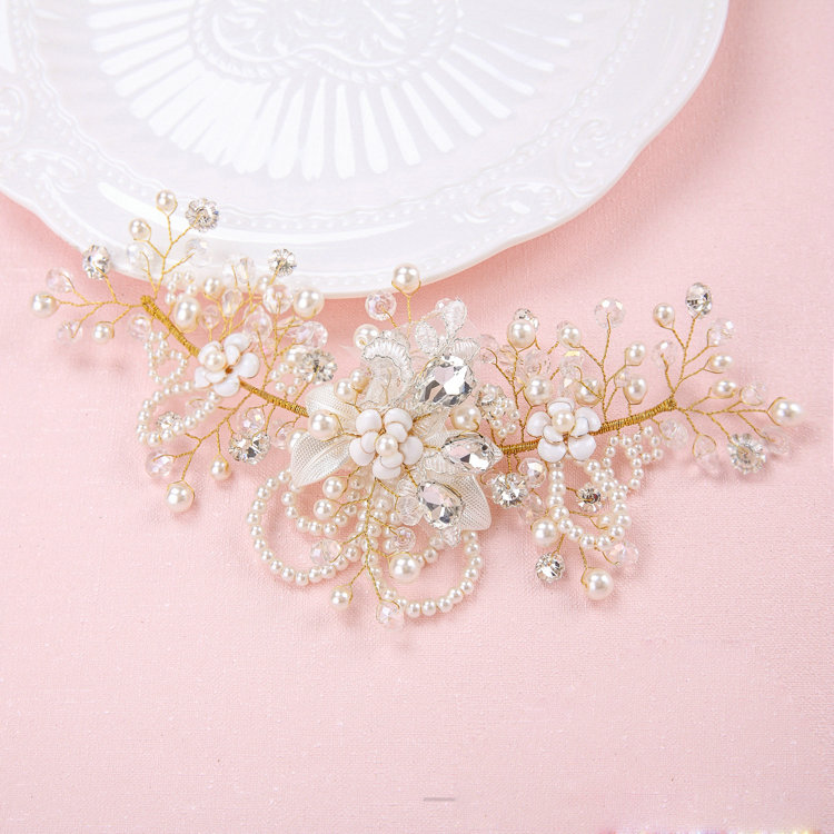 Beads Flower Pearl Crystals Bridal Tiaras Necklace Earring Queen Wedding Jewelry Sets 3pcs - White