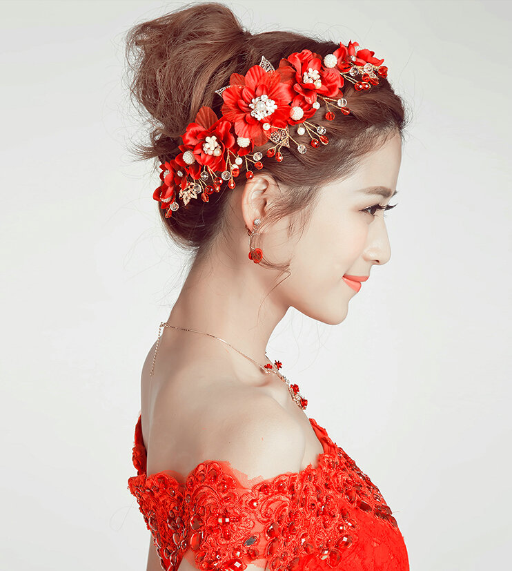 Beads Rhinestone Flower Pearl Bridal Hairbands Necklace Earring Women Weeding Jewelry Sets - Red