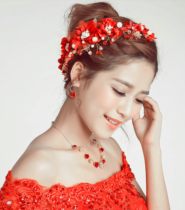 Beads Rhinestone Flower Pearl Bridal Hairbands Necklace Earring Women Weeding Jewelry Sets - Red