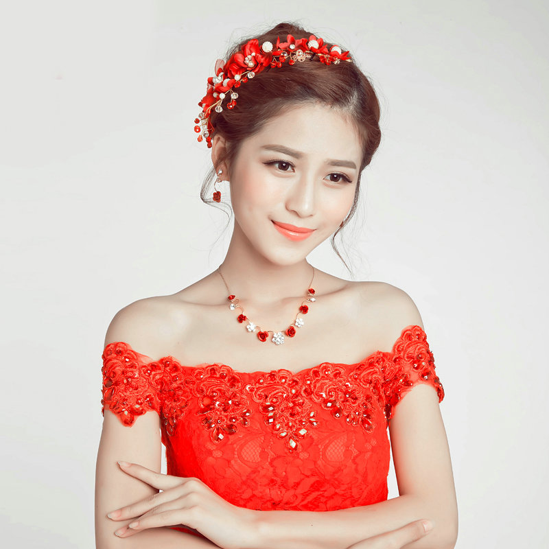 Beads Rhinestone Flower Pearl Bridal Hairbands Necklace Earring Women Weeding Jewelry Sets - Red
