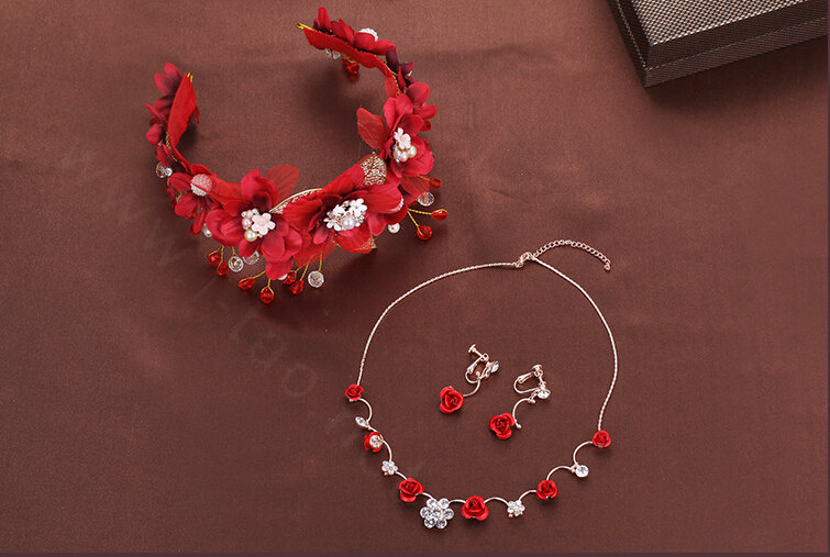 Beads Rhinestone Flower Pearl Bridal Hairbands Necklace Earring Women Weeding Jewelry Sets - Red