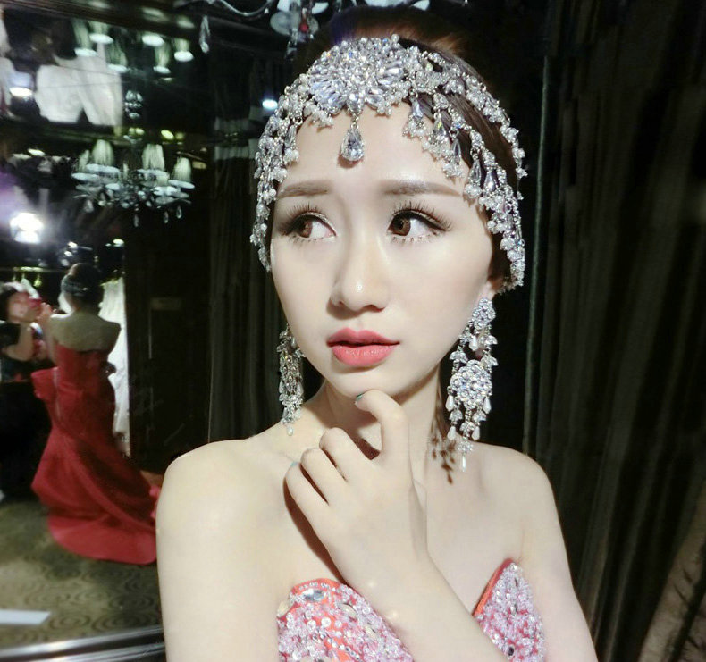 Beautiful Rhinestone Tassel Bohemia Bridal Teardrop Frontlet Stage Headband Hair Accessories - White