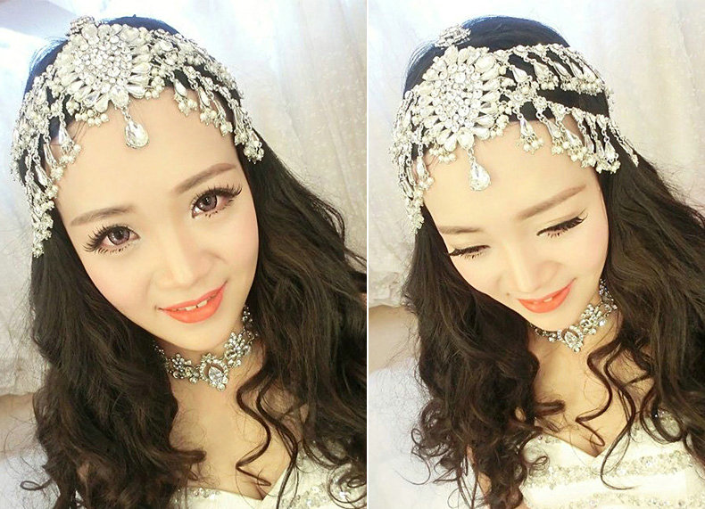 Beautiful Rhinestone Tassel Bohemia Bridal Teardrop Frontlet Stage Headband Hair Accessories - White