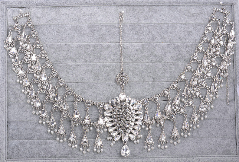 Beautiful Rhinestone Tassel Bohemia Bridal Teardrop Frontlet Stage Headband Hair Accessories - White