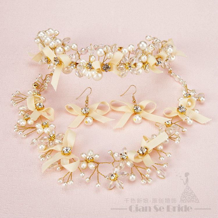Bowknot Crystals Beads Pearls Soft Chain Bridal Jewelry Tiaras Necklace Earring Women Wedding Sets 3pcs - Gold