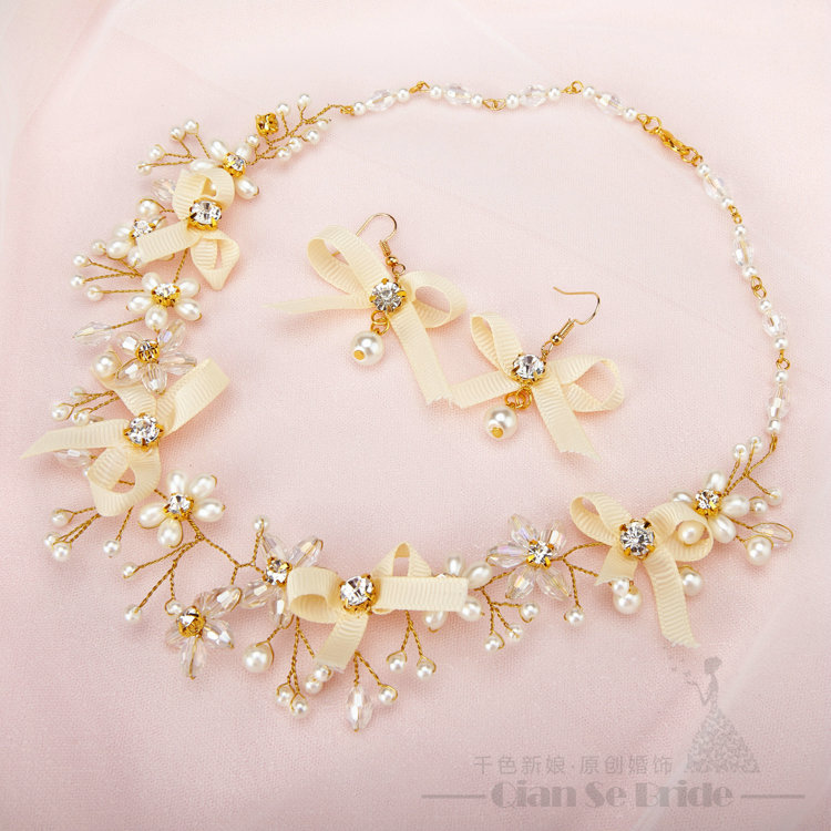 Bowknot Crystals Beads Pearls Soft Chain Bridal Jewelry Tiaras Necklace Earring Women Wedding Sets 3pcs - Gold