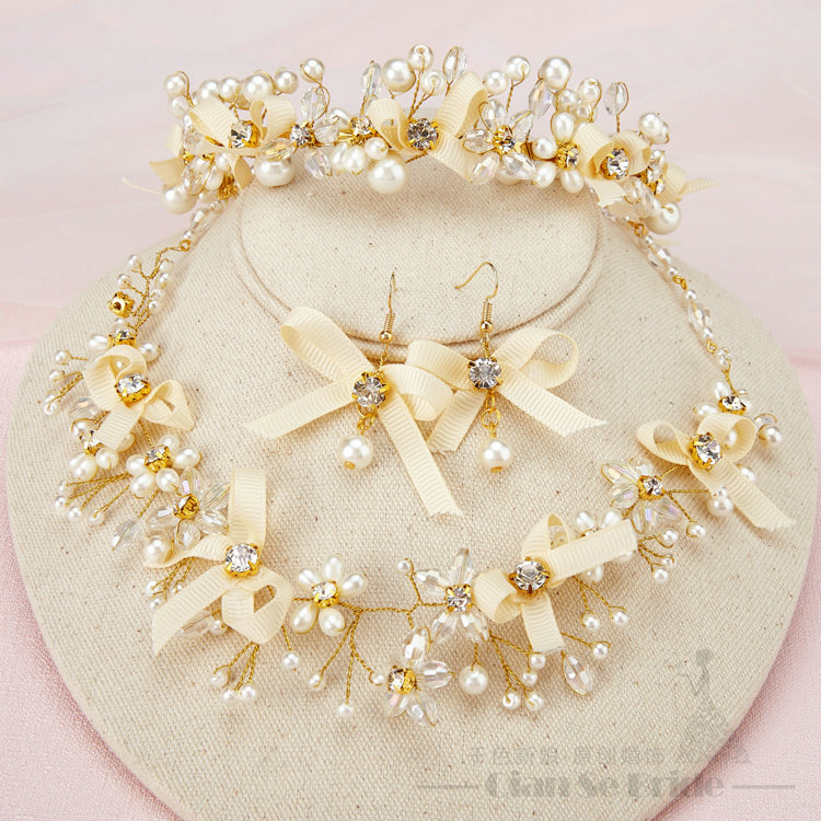 Bowknot Crystals Beads Pearls Soft Chain Bridal Jewelry Tiaras Necklace Earring Women Wedding Sets 3pcs - Gold