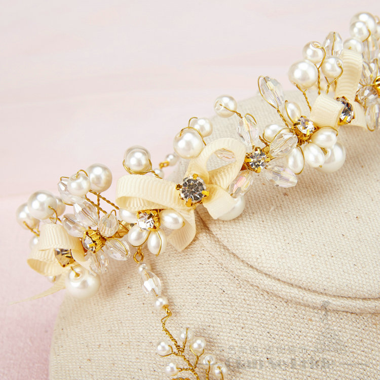 Bowknot Crystals Beads Pearls Soft Chain Bridal Jewelry Tiaras Necklace Earring Women Wedding Sets 3pcs - Gold
