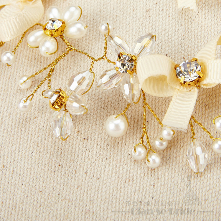 Bowknot Crystals Beads Pearls Soft Chain Bridal Jewelry Tiaras Necklace Earring Women Wedding Sets 3pcs - Gold
