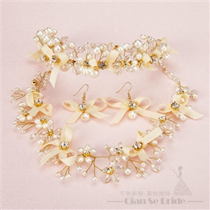 Bowknot Crystals Beads Pearls Soft Chain Bridal Jewelry Tiaras Necklace Earring Women Wedding Sets 3pcs - Gold