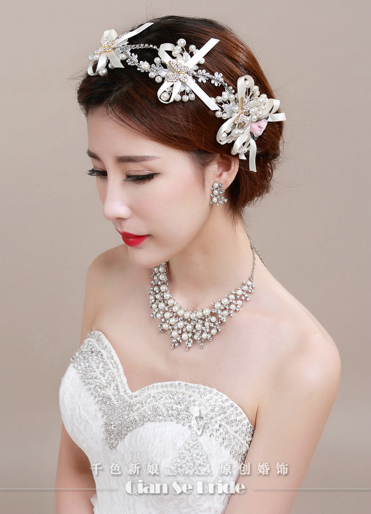 Bowknot Pearl Crystals Bridal Tiaras Necklace Earring Queen Wedding Jewelry Sets 3pcs - White