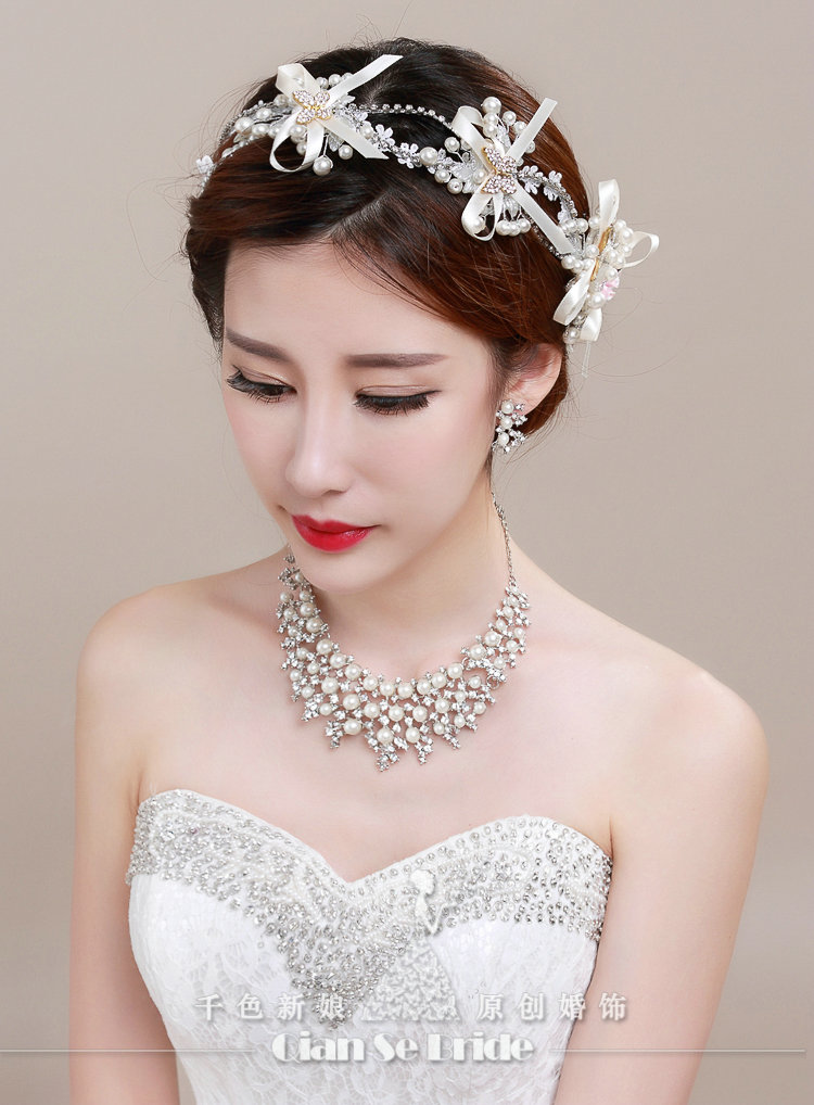 Bowknot Pearl Crystals Bridal Tiaras Necklace Earring Queen Wedding Jewelry Sets 3pcs - White