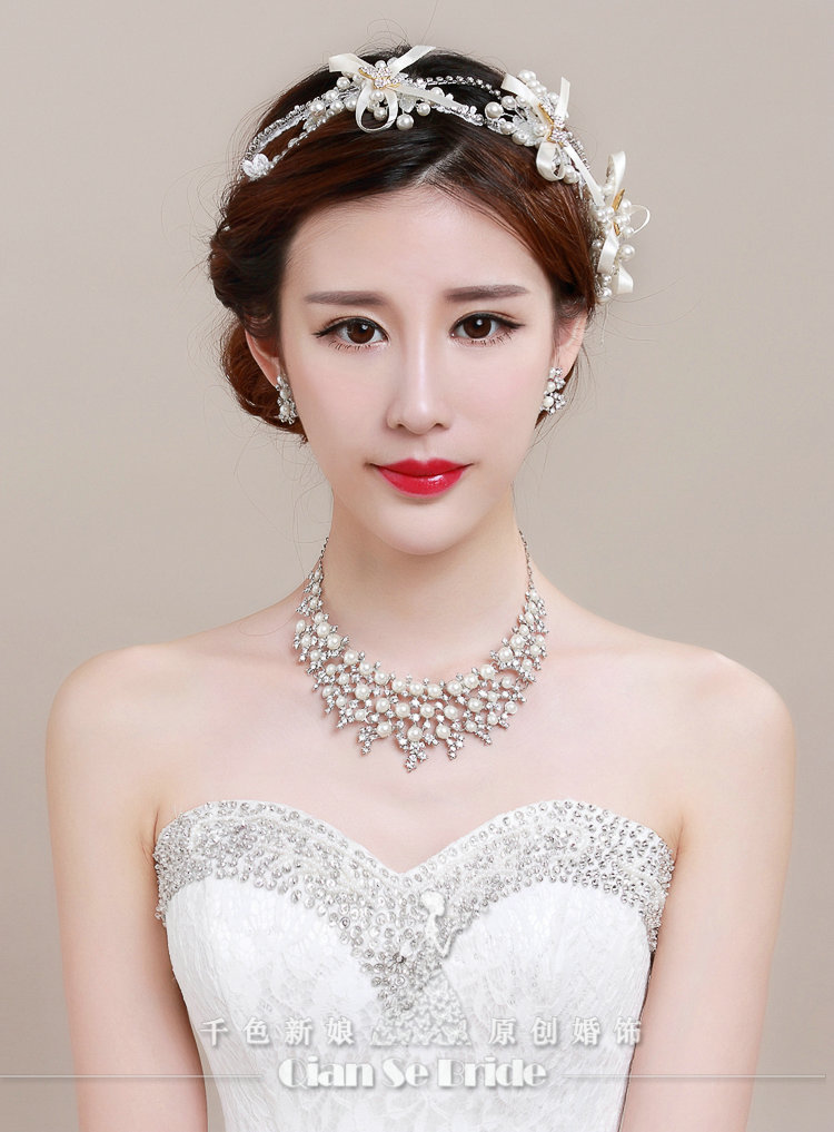 Bowknot Pearl Crystals Bridal Tiaras Necklace Earring Queen Wedding Jewelry Sets 3pcs - White