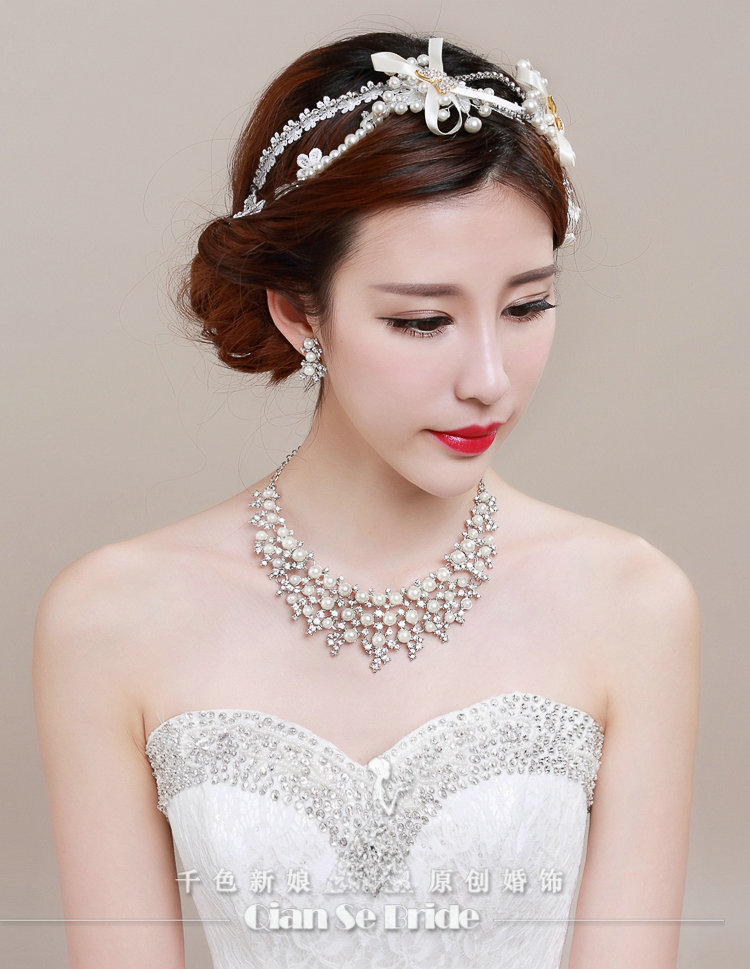 Bowknot Pearl Crystals Bridal Tiaras Necklace Earring Queen Wedding Jewelry Sets 3pcs - White