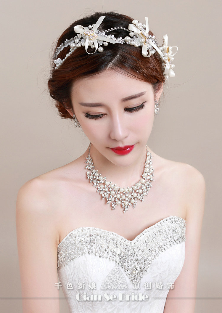 Bowknot Pearl Crystals Bridal Tiaras Necklace Earring Queen Wedding Jewelry Sets 3pcs - White
