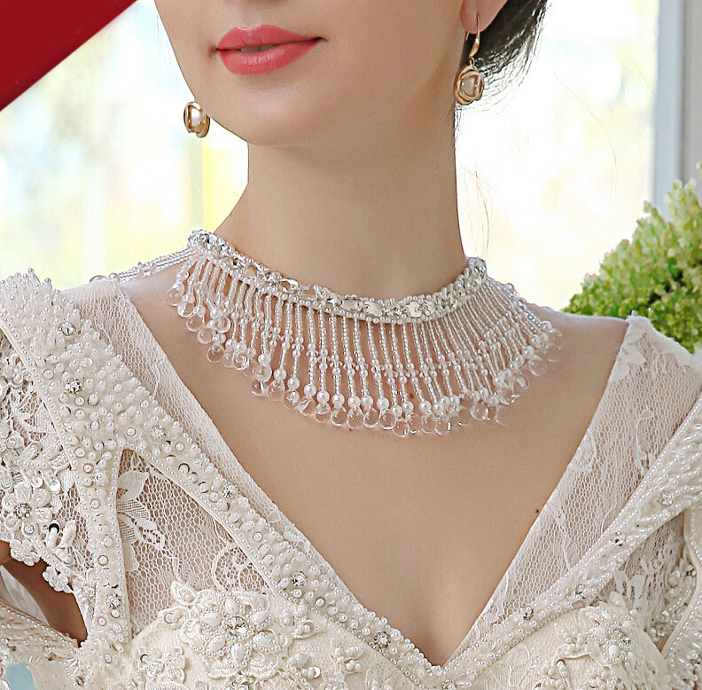 Calssic Pearls Crystals Beads Bridal Necklace Wedding Tassel Rhinestone Shoulder Chain Accessories