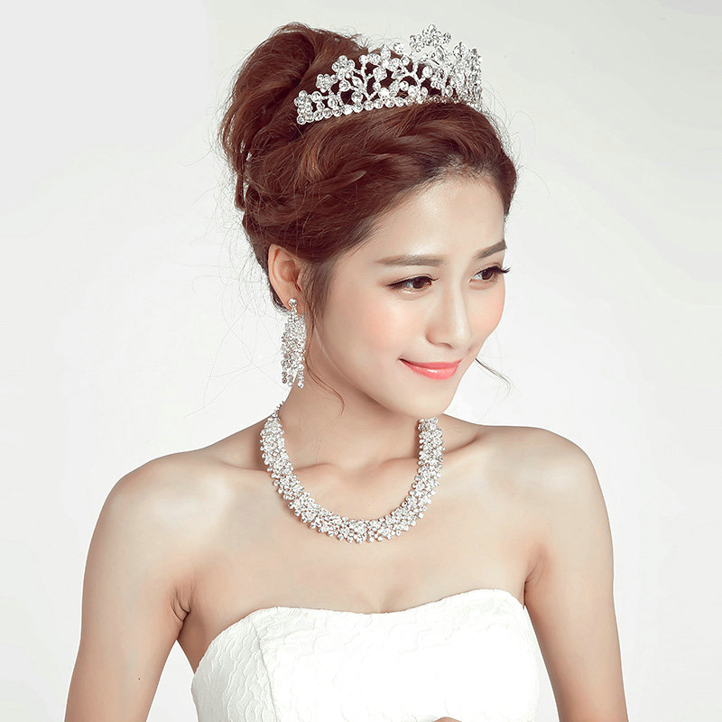Calssic Rhinestone Bride Jewelry Sets Statement Necklace Earrings Women Dinner Accessories - White