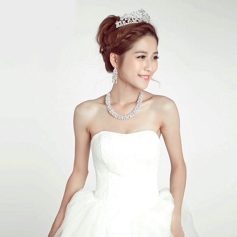 Calssic Rhinestone Bride Jewelry Sets Statement Necklace Earrings Women Dinner Accessories - White