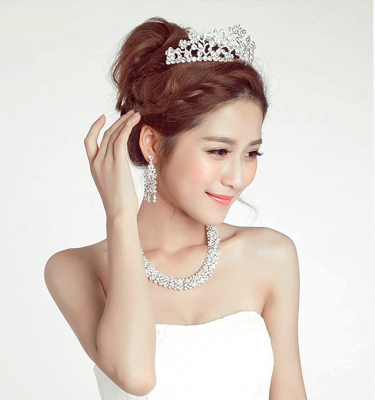 Calssic Rhinestone Bride Jewelry Sets Statement Necklace Earrings Women Dinner Accessories - White