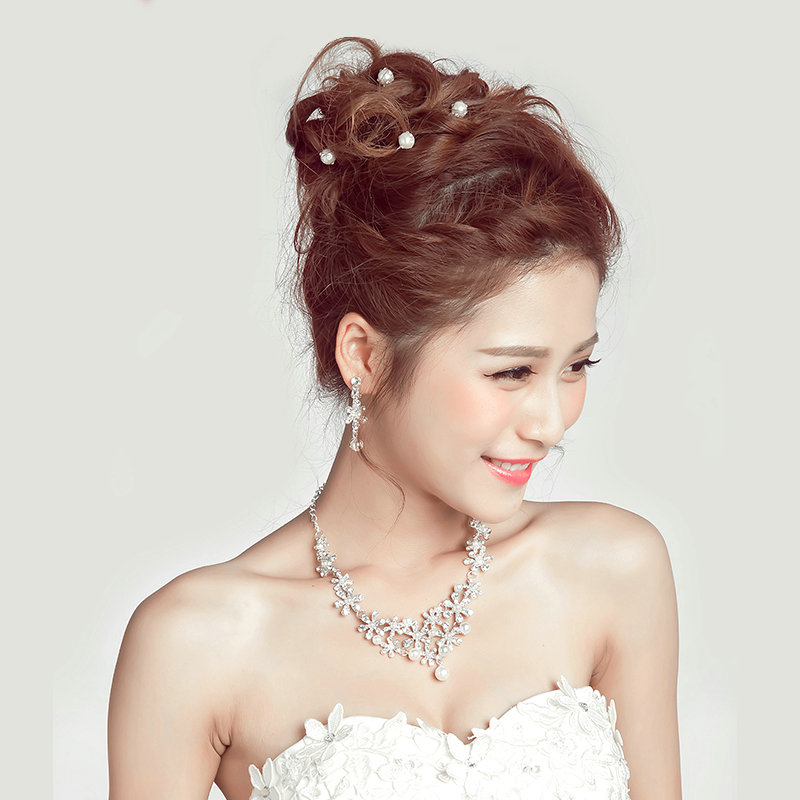 Calssic Rhinestone Pearl Flower Bridal Necklace Earrings Women Wedding Jewelry Sets - Silver