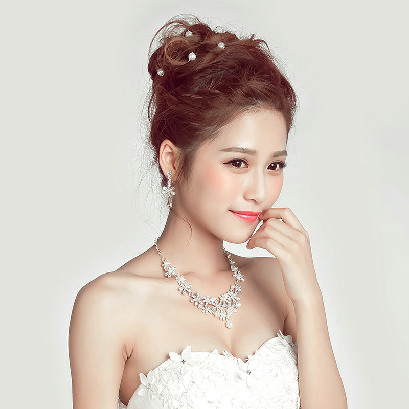 Calssic Rhinestone Pearl Flower Bridal Necklace Earrings Women Wedding Jewelry Sets - Silver