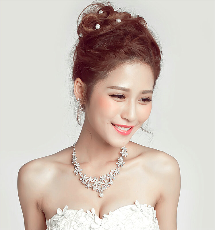Calssic Rhinestone Pearl Flower Bridal Necklace Earrings Women Wedding Jewelry Sets - Silver
