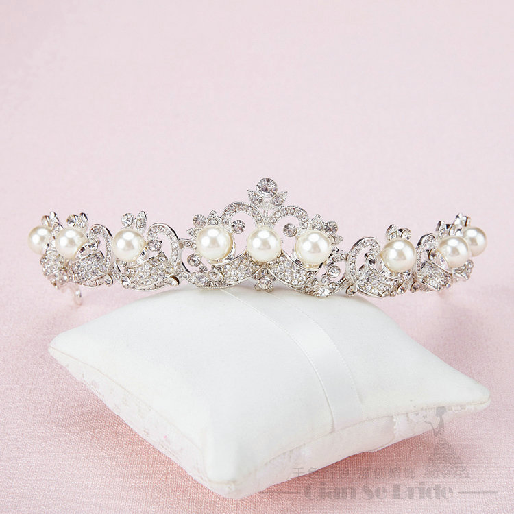 Calssic Rhinestone Pearls Bridal Jewelry Tiaras Necklace Earring Women Wedding Sets 3pcs - White