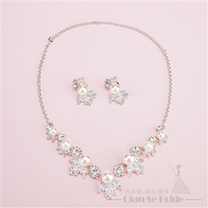 Calssic Rhinestone Pearls Bridal Jewelry Tiaras Necklace Earring Women Wedding Sets 3pcs - White